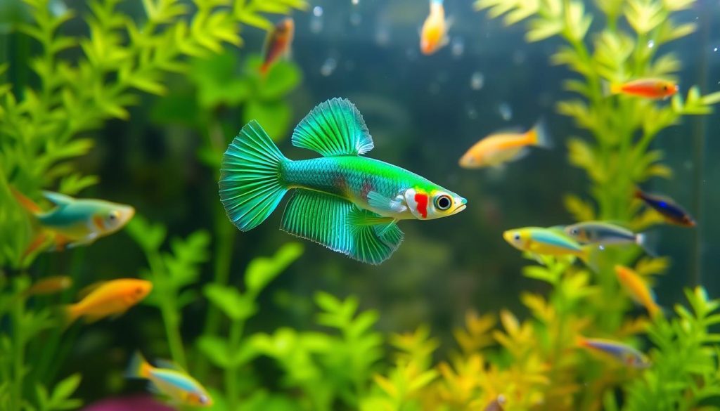 Emerald Green Guppy with other fish