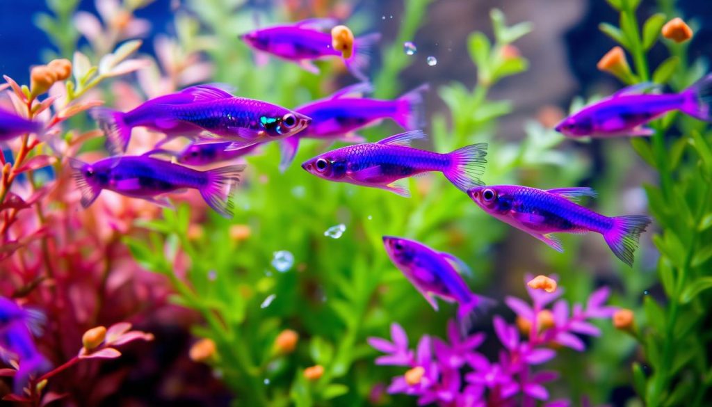 purple moscow guppy feeding